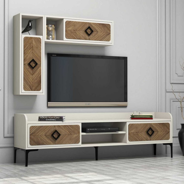 Hanah Home Samba Mueble para TV Nogal y Crema con Estantes de Pared